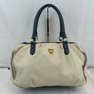 3022: MCM Cream & Blue Leather Satchel Top Handle Bag Gold Hardware